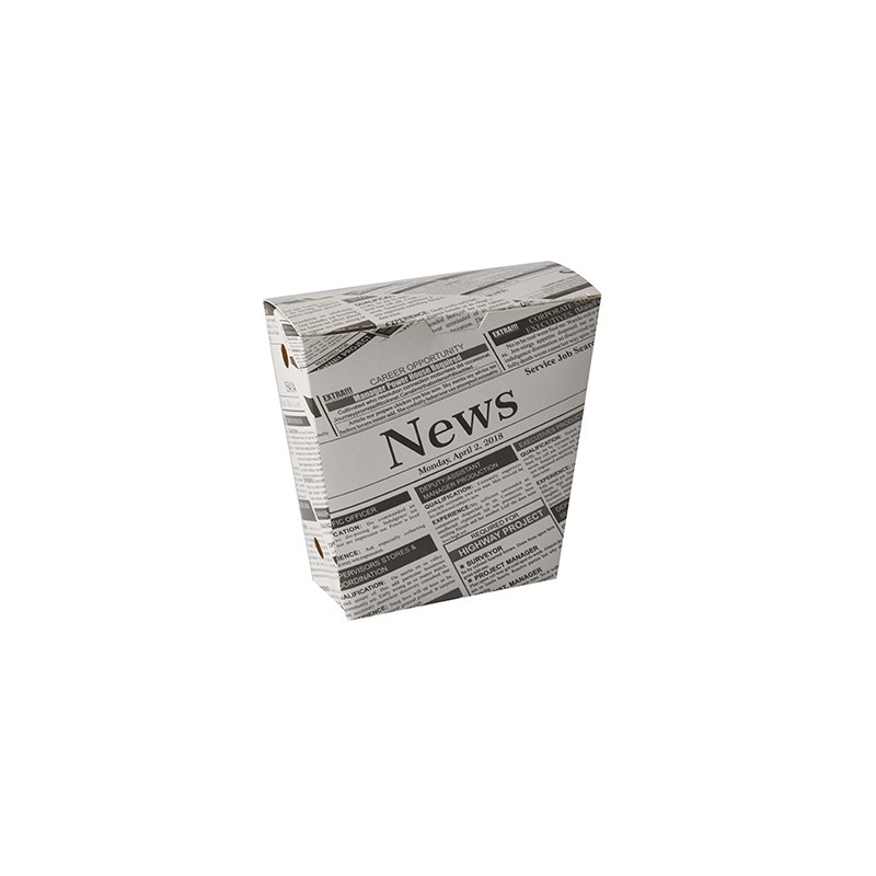 Krabička na hranolky 4,3 cm x 14,5 cm x 11 cm, „Novinová potlač“, s vekom (50ks)