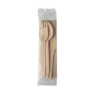 Bio príbor balený drevo vidlička,nož,lyžica,servitka  (50ks)